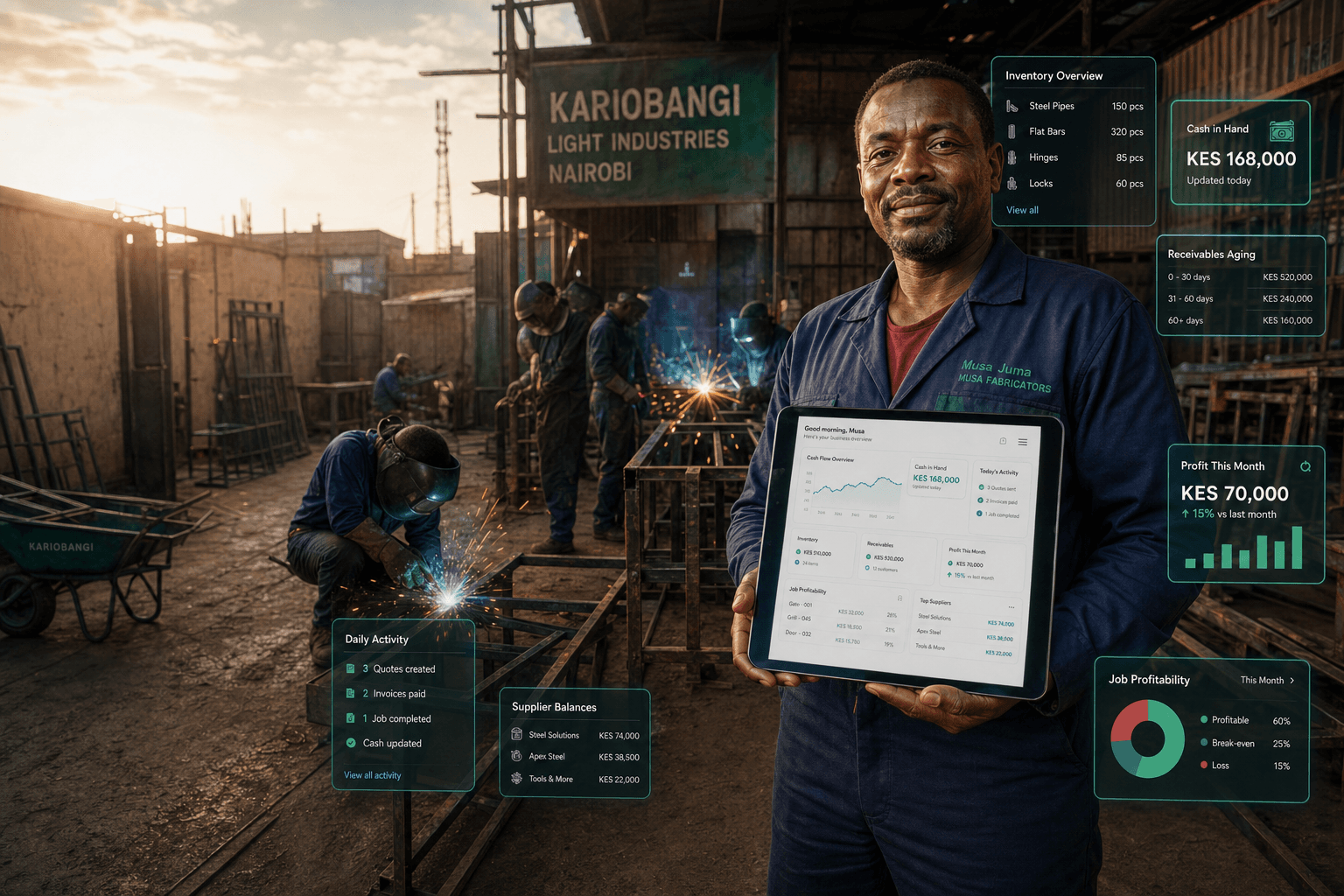 Musa Juma at Musa Fabricators workshop in Kariobangi with ClariFi business visibility