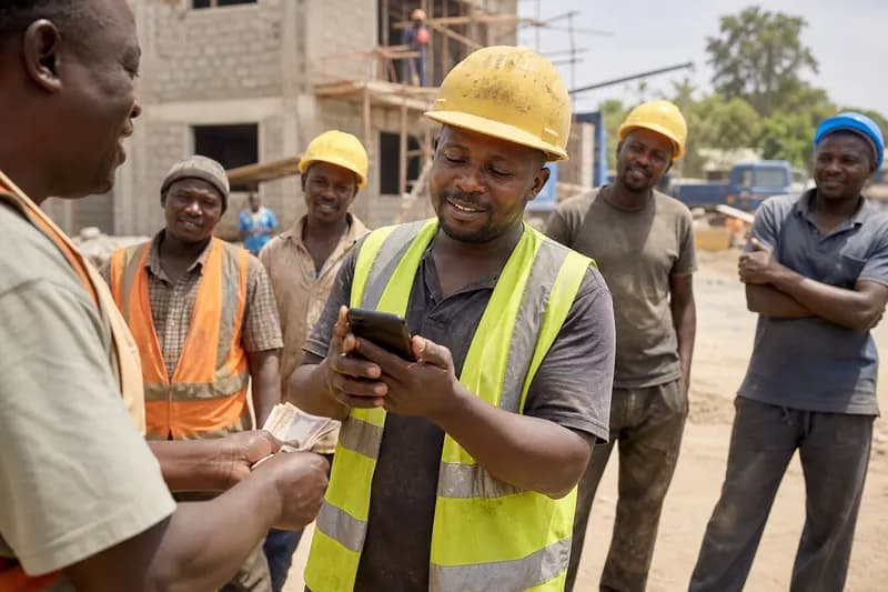 Workers receiving wages on a construction site