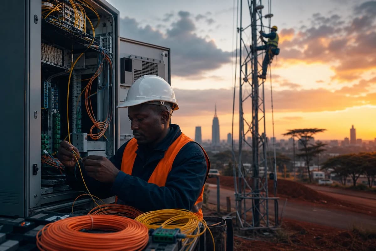 Network infrastructure technician splicing fibre at a roadside cabinet with a tower technician on a Nairobi telecom mast at golden hour