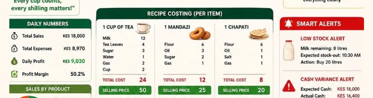 Recipe costing infographic showing cost selling price and profit for tea mandazi and chapati