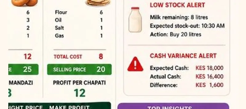 Smart alerts for low stock and cash variance at Mama Akinyi Chai Point