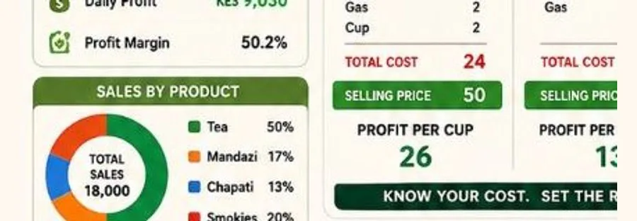 Smart stock alert dashboard showing low milk and sugar levels for Mama Akinyi Chai Point