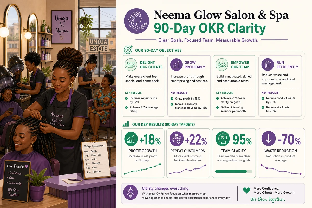 Neema Glow Salon and Spa OKR transformation infographic showing objectives, key results, and growth metrics