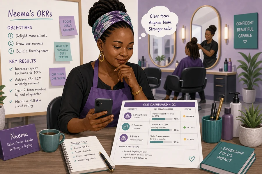 Salon owner Neema reviewing OKR objectives after a ClariFi workshop in her Nairobi beauty salon